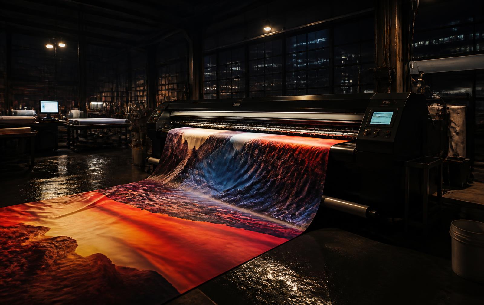 Wide-format printer producing a vivid banner in a dark print shop
